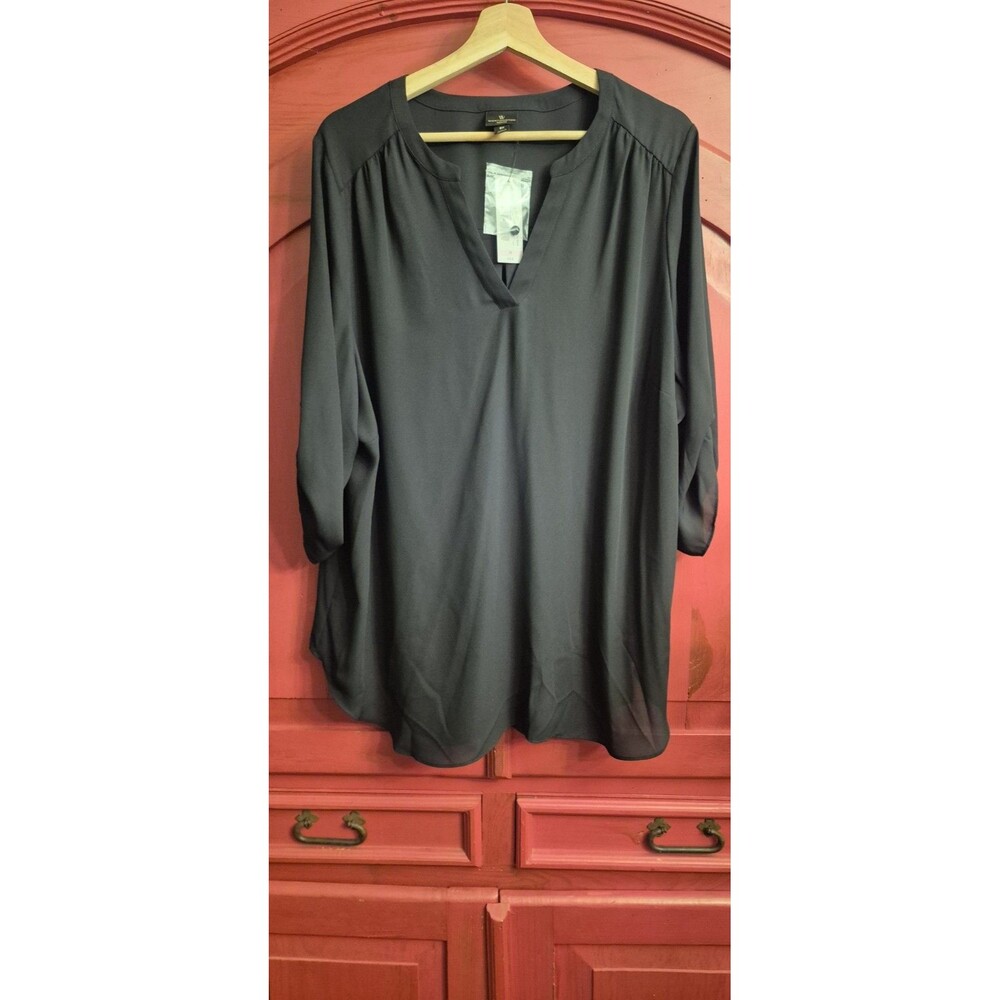 NWT WORTHINGTON Woman 2X Black Tunic Blouse  Flowy V-Neck Pleated Shoulder Top